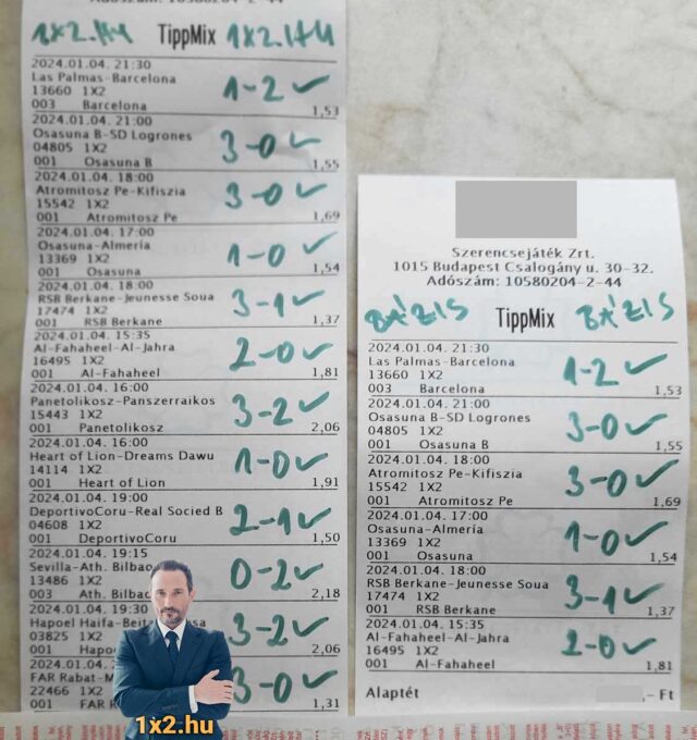 Ezen a képen Tippmix szelvények láthatók, melyeken sportfogadási eredmények szerepelnek. A fotó a Tippmix tippek és sportfogadás rajongóinak nyújt ingyenes fogadási tippeket és stratégiákat.