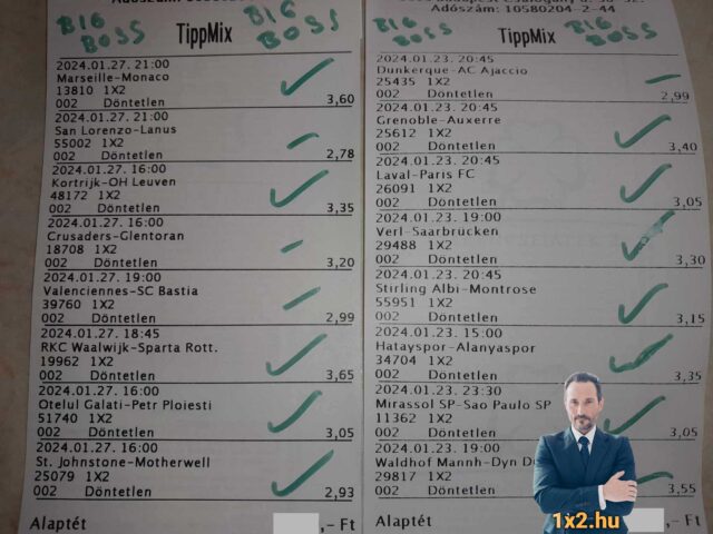 Két Tippmix szelvény képe tele mérkőzésekkel és zöld pipával jelölt döntetlen tippekkel. Hasznos Tippmix tippek sportfogadáshoz. Ingyenes sportfogadás tippek elérhetők a profit maximalizálásához.