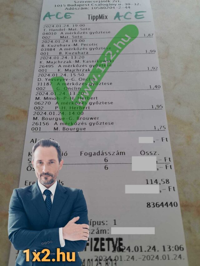 Tippmix tippek keresőinek egy sportfogadási szelvényt ábrázoló kép. A 1x2.hu logóval ellátott képen található férfi növeli a megbízhatóság érzetét, miközben ingyenes sportfogadás tippekért látogató