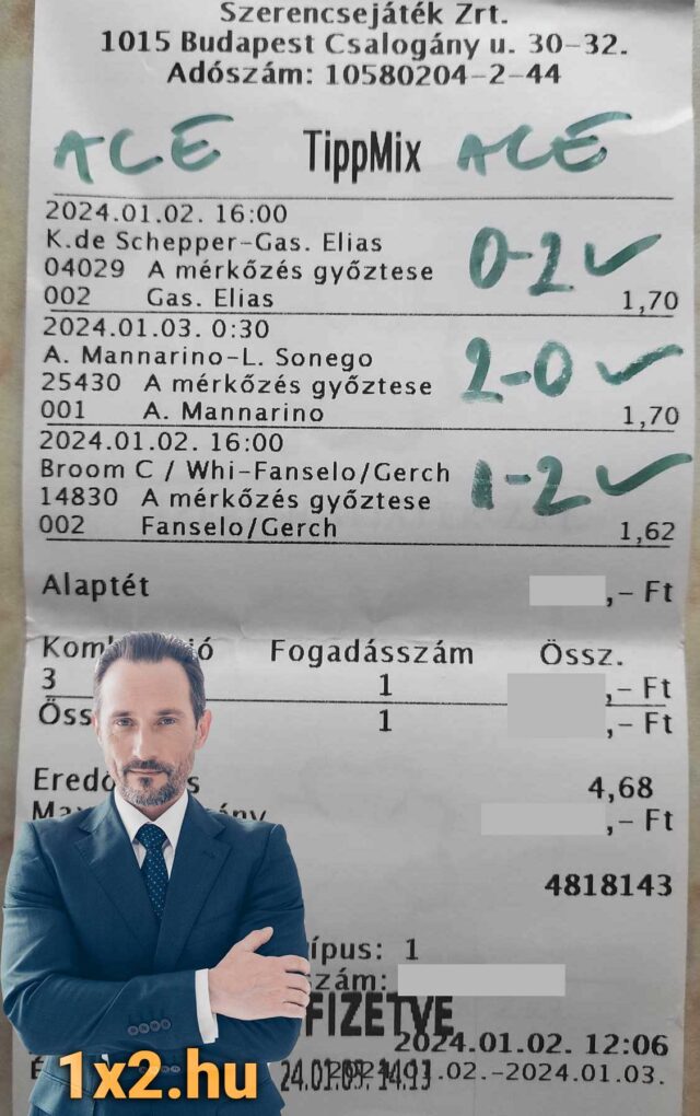 Sportfogadási szelvény egy öltönyös férfi képével, amelyen Tippmix eredmények láthatók. Fedezd fel a legjobb Tippmix tippek, sportfogadás tippek és ingyenes Tippmix tippek világát. Optimalizáld nyerési esélyeidet!