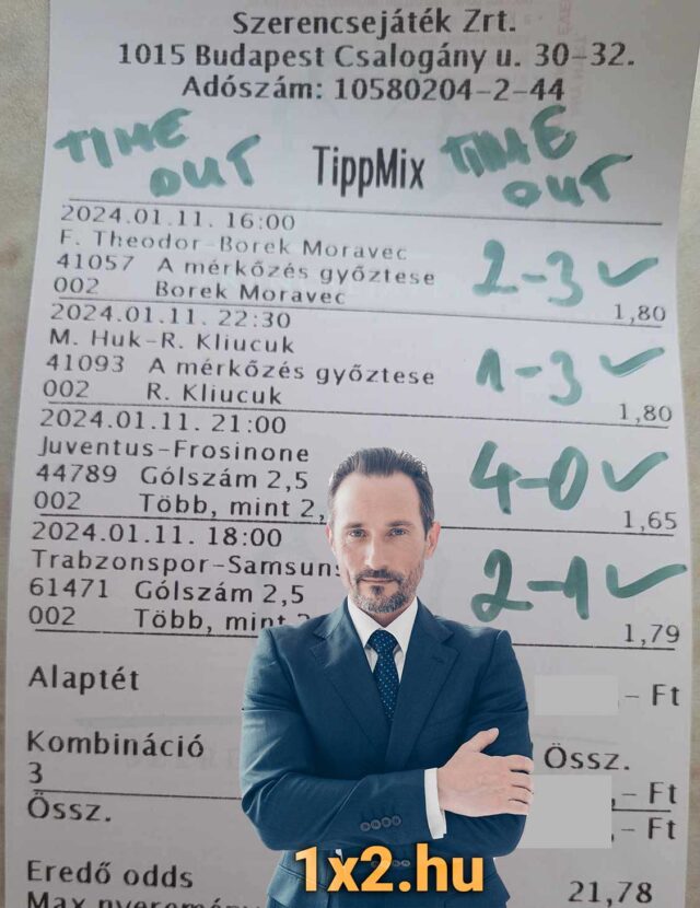 Férfi öltönyben egy Tippmix szelvény előtt. A szelvényen sportfogadások, eredmények és oddsok láthatók, kiemelve a sportfogadás tippeket. A kép kapcsolódik az ingyenes Tippmix tippekhez és sportfogadási tanácsokhoz
