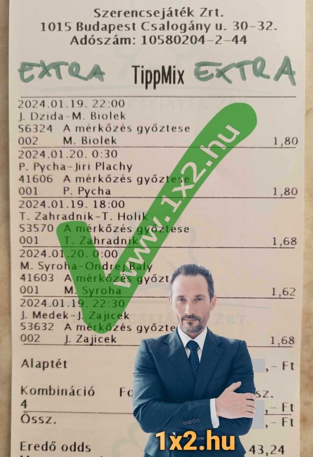 Egy Tippmix fogadószelvény sportfogadási eseményekkel és oddsokkal. A képen egy elegáns férfi és a www.1x2.hu weboldal logó látható. Ideális forrás Tippmix tippek, sportfogadás tippek és ingyenes Tippmix tip