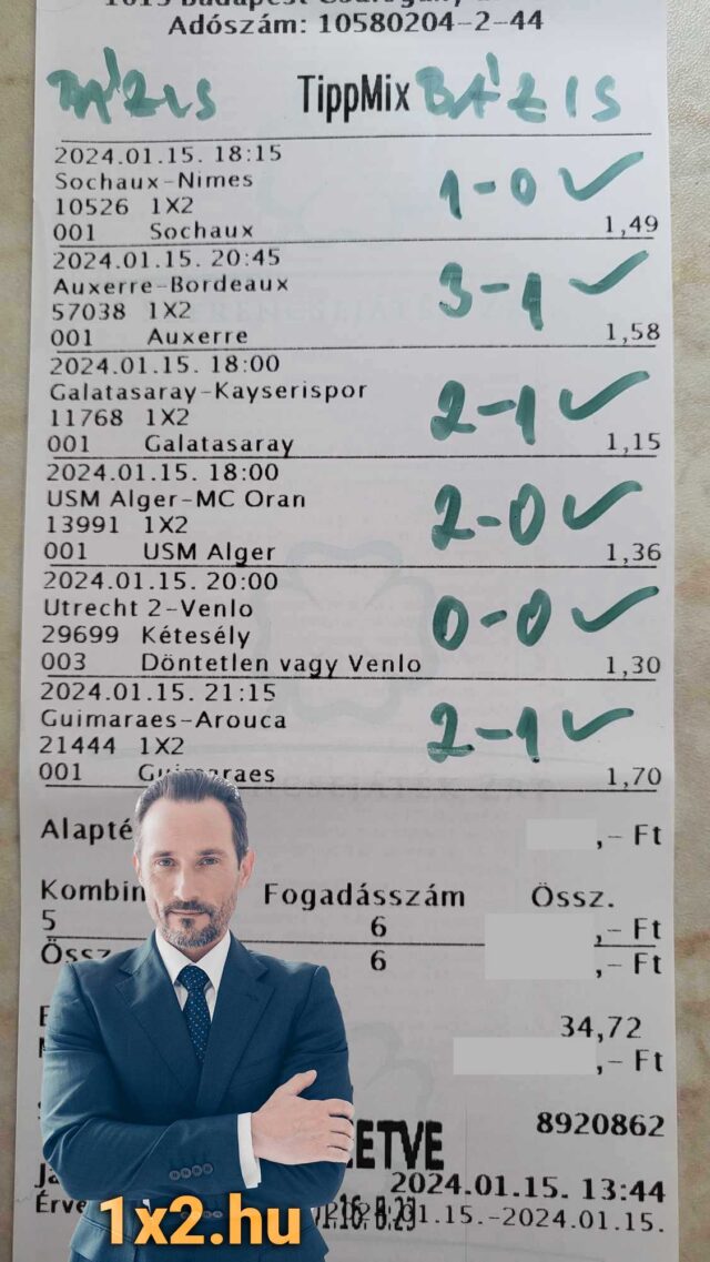 Tippmix szelvény sikert sugalló sportfogadási eredményekkel. Az 1x2.hu logó kiemeli az ingyenes Tippmix tippek fontosságát a sportfogadásokban. Fedezd fel sportfogadás tippek segítségével a győzelmi esélyeket