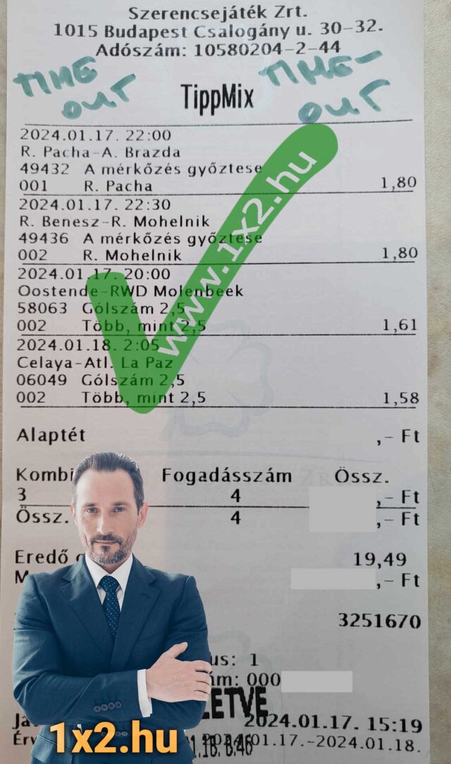 Tippmix tippek hatékonyságáról árulkodó nyertes szelvény. Sportfogadás tippek és ingyenes Tippmix tippek a 1x2.hu weboldalon elérhetők. Optimalizálja fogadási stratégiáját sportfogadás tippjeinkkel a maxim