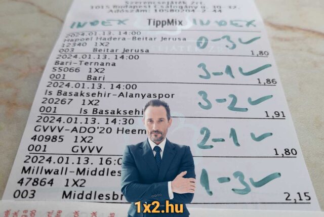 Egy Tippmix szelvény sportfogadás eredményekkel, rajta időpontok és csapatnevek. Férfi öltönyben nézi a szelvényt. Fedezd fel a legjobb Tippmix tippek, ingyenes Tippmix tippek és sportfogadás tippek kínálatát
