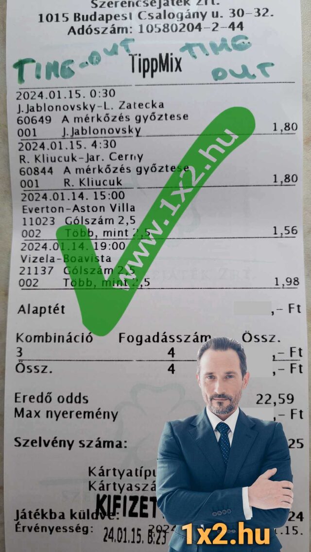 Tippmix szelvény Tippmix tippek felirattal és sportfogadási események listájával. A képen egy elegáns férfi képe is látható, valamint egy zöld www.1x2.hu felirat. Kulcsszavak: sportfogadás tippek