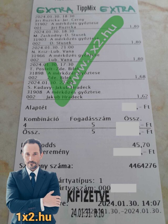Egy Tippmix szelvény, alatta egy öltönyös férfi áll. Ideális téma a sportfogadás szerelmeseinek, akik ingyenes Tippmix tippek után kutatnak. Fedezze fel a legjobb Tippmix tippeket, sportfogadási stratégiákat.
