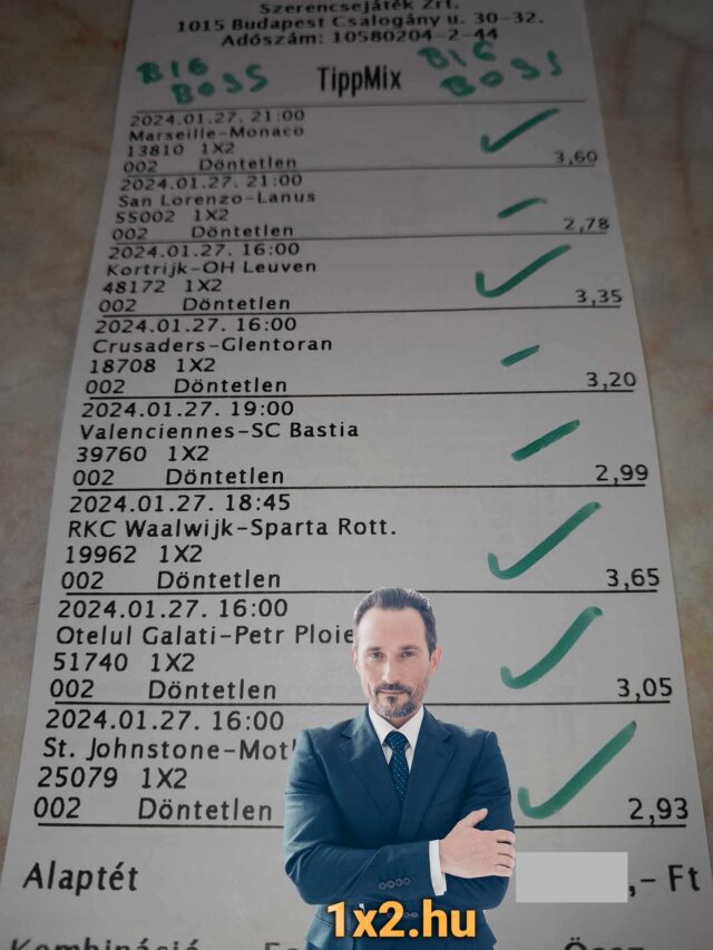 Tippmix szelvény különböző sportfogadás tippekkel, mindegyiknél zöld pipa látható. Az 1x2.hu oldalon ingyenes Tippmix tippek érhetők el, segítve a sikeres sportfogadást.