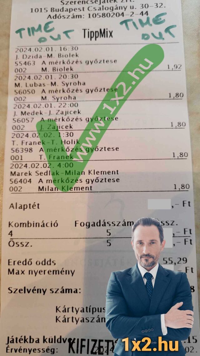 Egy Tippmix szelvény több sporteseménnyel, amelyet sportfogadás rajongók használnak. Férfi alak mosolyog mellettük, alul a 1x2.hu oldal van megjelenítve. Ideális ingyenes Tippmix tippek és sportfogadási tan