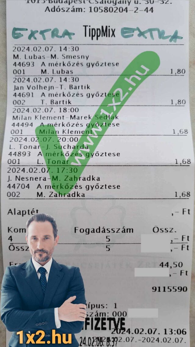 Ezen a képen egy Tippmix szelvény látható, amely sportfogadás tippek, többek között ingyenes Tippmix tippek feliratot tartalmaz. A háttérben egy elegáns férfi, karba tett kézzel áll. Kulcsszavak: Tippmix tippek, sportfogadás tip
