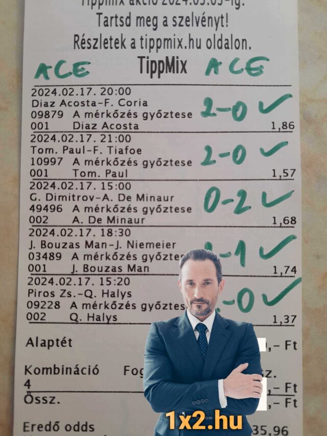 Tippmix szelvény sportesemények eredményeivel és egy üzletember képe. Ideális inspiráció sportfogadáshoz. Fedezd fel a legjobb Tippmix tippeket, sportfogadás tippeket és ingyenes Tippmix tippeket.
