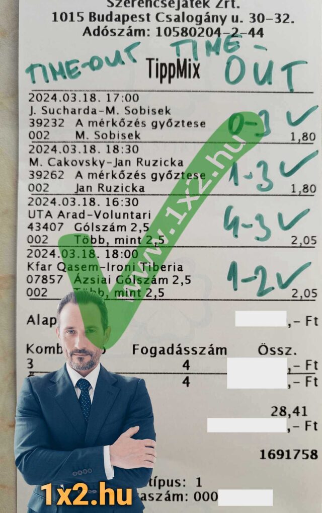 Tippmix szelvény, amely sportfogadás tippeket mutat. Eredményeket vagy nyertes fogadásokat tartalmaz, kiemelve az ingyenes Tippmix tippek fontosságát a sikeres sportfogadás érdekében.
