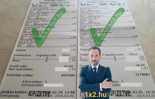Két Tippmix szelvény és egy üzletember képe, Tippmix tippeket hirdetve. A szelvényeken különböző sportesemények és oddsok láthatók. Sportfogadás tippek elérhetők az 1x2.hu oldalán. Ingyenes Tippmix