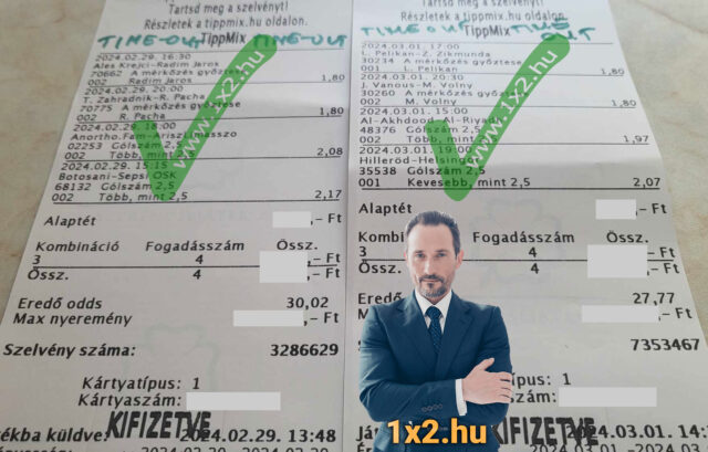 Sportfogadás szelvények két Tippmix tipp lehetőséggel, amelyeket a képen zöld pipa jelez. Az ingyenes Tippmix tippek segíthetnek a sikeres fogadásban. További sportfogadás tippekért látogass el az oldalunkra!