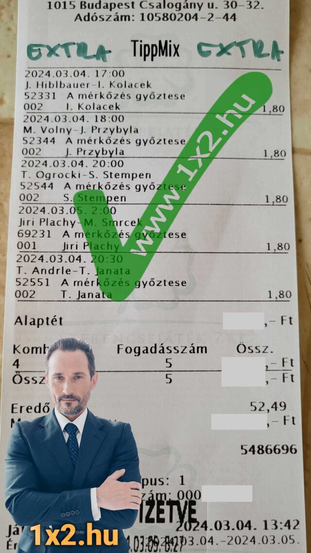 A képen egy Tippmix szelvény látható, amely különböző sporteseményekre vonatkozó fogadásokat tartalmaz. Ha kipróbálnád a sportfogadást, látogass el az 1x2.hu oldalra ingyenes Tippmix tippekért! Kulcssz