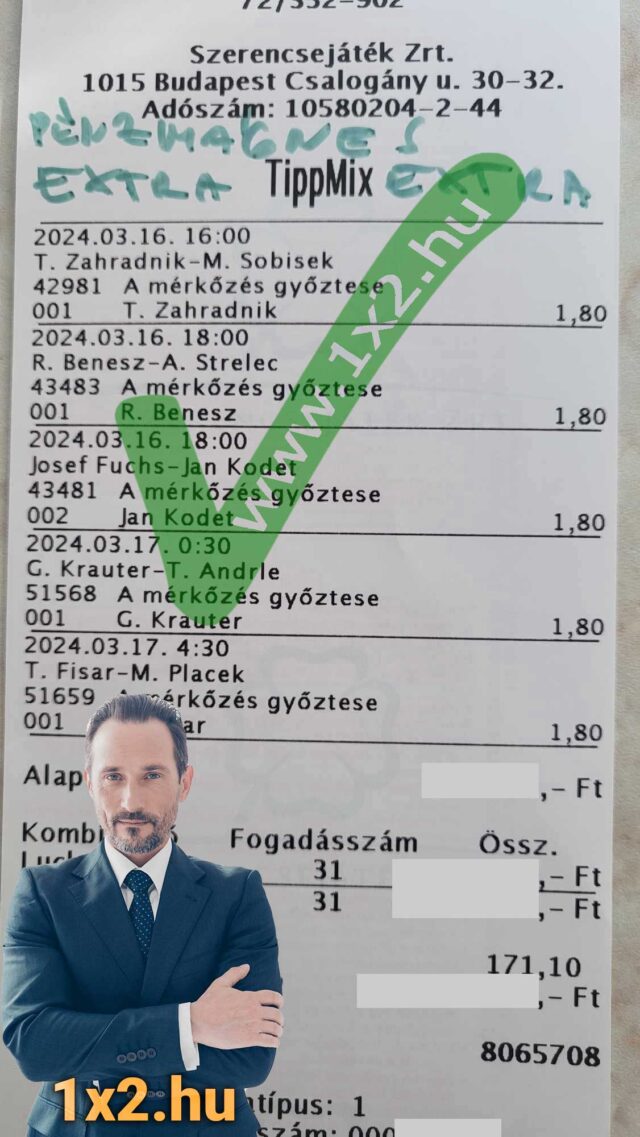 Egy Tippmix szelvény látható, különböző sporteseményekkel és szorzókkal. A háttérben egy férfi áll, elegánsan öltözve. Kiemelt SEO kulcsszavak: Tippmix tippek, sportfogadás tippek, ingyenes Tipp