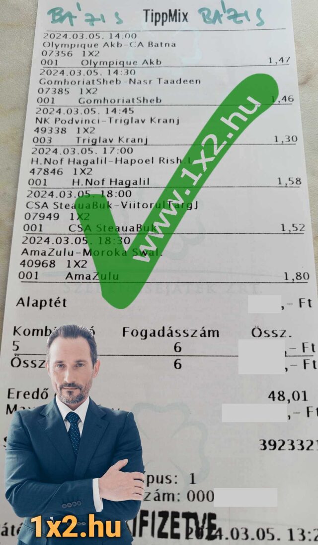 Ezen a képen egy Tippmix szelvény látható, amely sportfogadási tippeket mutat be. Ha érdekelnek az ingyenes Tippmix tippek és a sportfogadás, látogass el az 1x2.hu oldalra további információkért!