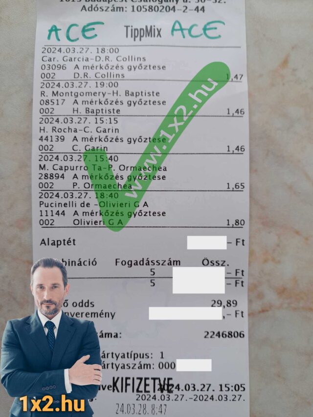 Tippmix szelvény sportfogadás tippekkel. Férfi elegáns öltönyben a szelvény mellett. Nyertes tippek több mérkőzésre. Fedezd fel a legjobb ingyenes Tippmix tippeket és sportfogadás tanácsokat!