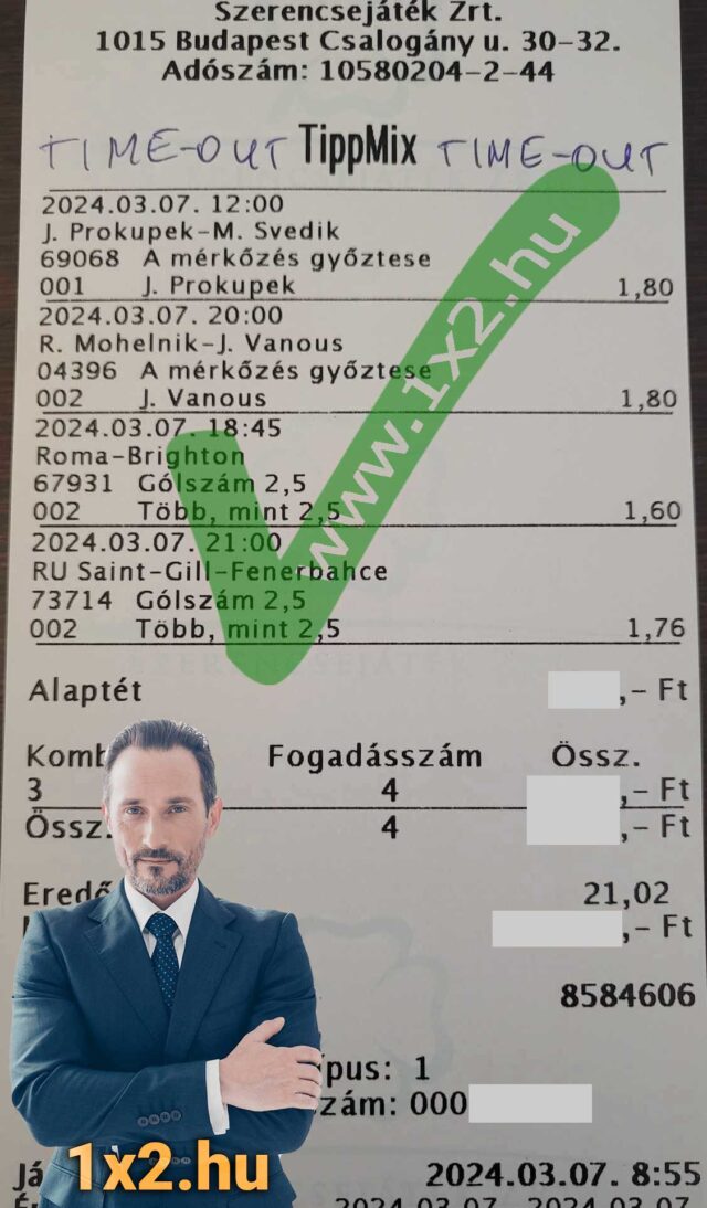 Tippmix szelvény példáját láthatjuk, rajta sporteseményekkel és oddsokkal. A www.1x2.hu oldal kínál ingyenes Tippmix tippeket és sportfogadás tanácsokat. Ideális forrás sportfogadóknak.