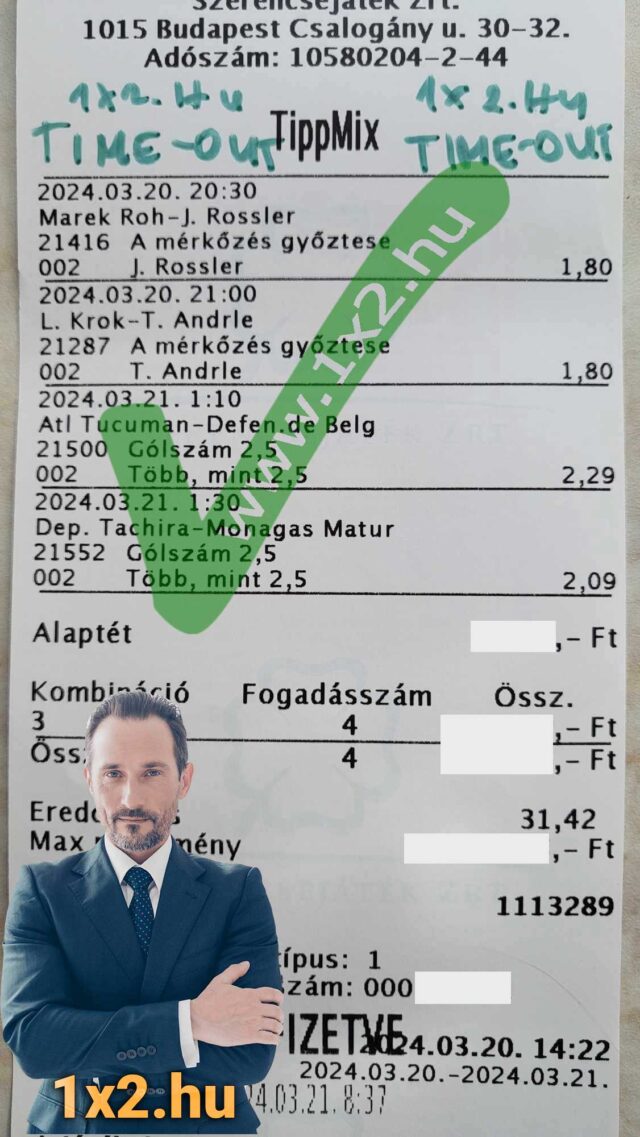 Egy sportfogadási szelvény, amely különböző mérkőzések eredményére tett Tippmix tippeket tartalmaz. Fedezd fel az ingyenes Tippmix tippeket és sportfogadás lehetőségeket a 1x2.hu weboldalon.