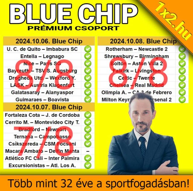 Fedezd fel a Blue Chip prémium csoport Tippmix tippjeit az 1x2.hu oldalon! Ingyenes sportfogadás tippek, garantált siker a sportfogadás világában. Túlszárnyald az esélyeket tapasztalt szakértők segítségével!