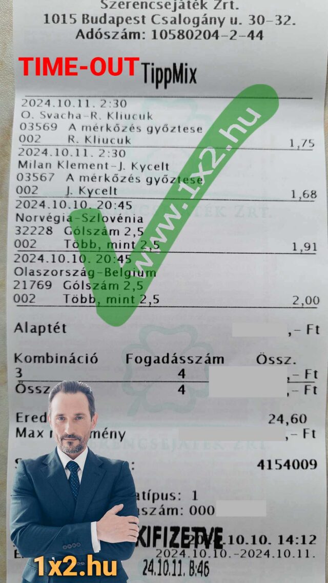 Ezen a képen egy Tippmix szelvény látható, amelyen különböző sportesemények fogadási tippjei szerepelnek. A TIME-OUT felirat és a www.1x2.hu logó is megjelenik a képen. Kulcsszavak: