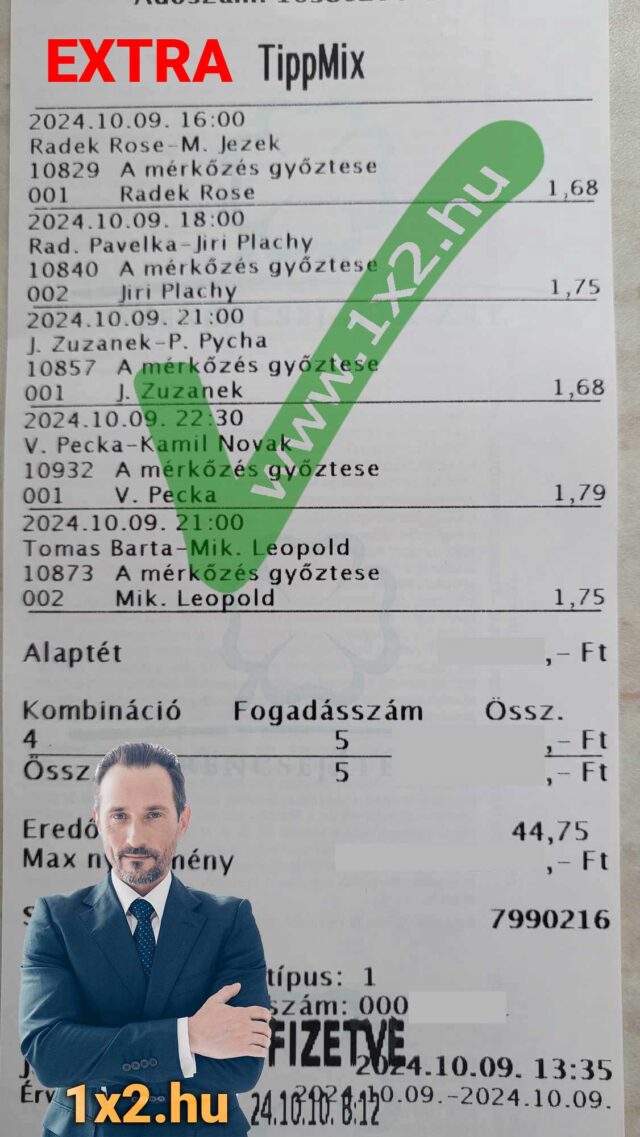 Egy Tippmix szelvény sportfogadásokkal és eredményekkel. A képen szerepel a www.1x2.hu és egy elegáns, öltönyös férfi. Kulcsszavak: Tippmix tippek, sportfogadás tippek, ingyenes Tippmix tippek, sport