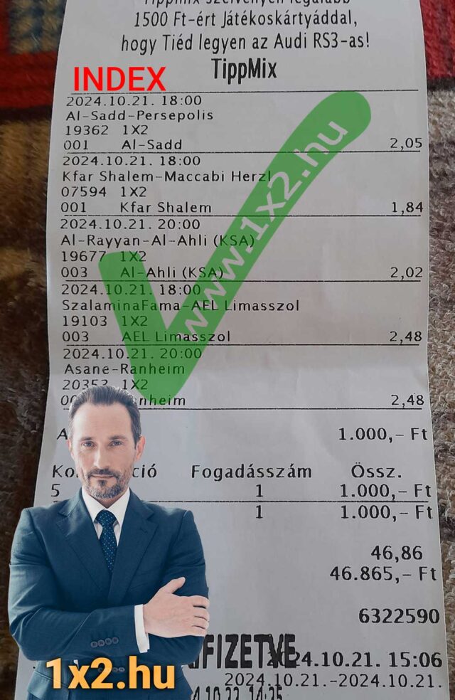 Tippmix szelvény, amely sportfogadás tippeket tartalmaz, különböző mérkőzések esélyeivel. Ingyenes Tippmix tippek és stratégiák elérhetők sportfogadóknak, segítve a döntést. Főoldal: 1x2.hu.