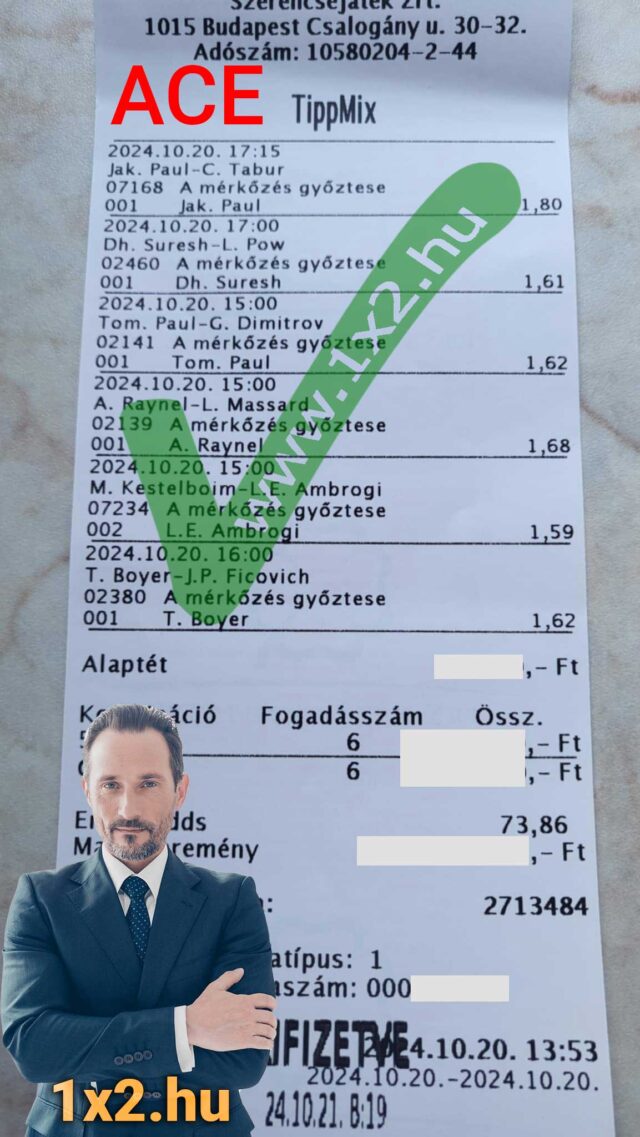 Tippmix szelvény, sportfogadási eredményekkel, háttérben egy öltönyös férfi. Kiemelt kulcsszavak: Tippmix tippek, sportfogadás tippek, ingyenes Tippmix tippek, sportfogadás. A kép alján a 1x2.hu fel