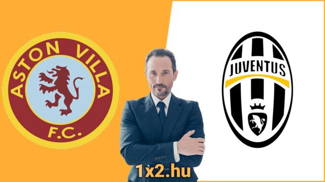 Aston Villa és Juventus logói, középen egy üzletember áll, amely az 1x2.hu sportfogadási oldalra utal. A kép az Aston Villa és a Juventus közötti mérkőzésről készült elemzést illusztrálja, és a Tippmix tippek iránt érdeklődők számára készült.