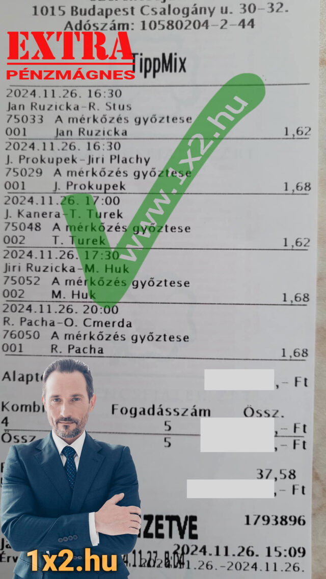 1. Egy szelvény, amelyen egy öltönyös férfi látható, Tippmix tippekkel.