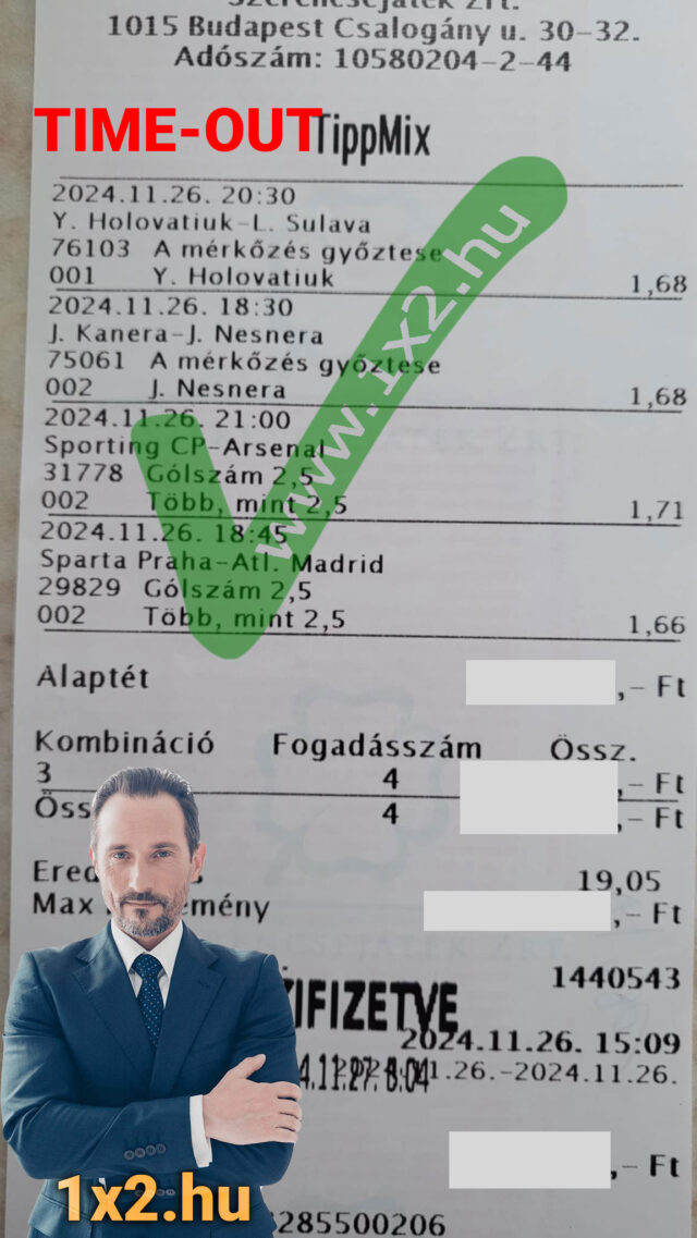 1. Egy szelvény, amelyen egy öltönyös férfi látható, Tippmix tippekkel.