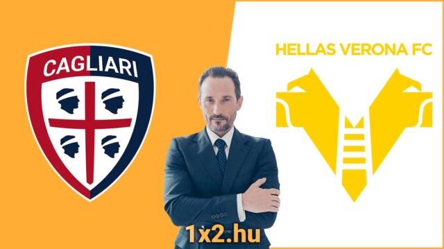 Férfi öltönyben, Cagliari és Hellas Verona FC logók között. Sportfogadási oldal 1x2.hu logója. Tippmix tippek és sportfogadás érdekességek foci rajongóknak. Ideális ingyenes Tippmix és sportfogadás tippek keresés