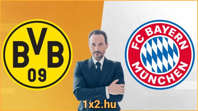 Borussia Dortmund és FC Bayern München logók között elegáns férfi. Ideális Tippmix tippek és sportfogadás tippek kereséséhez. Ingyenes Tippmix tippek a sportfogadás rajongóinak.
