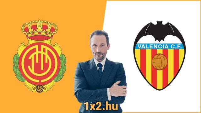 Üzletember pózol a RCD Mallorca és a Valencia CF címere között, a kép alján a 1x2.hu felirat látható. Fókuszban a Tippmix tippek, sportfogadás tippek és ingyenes Tippmix tippek.