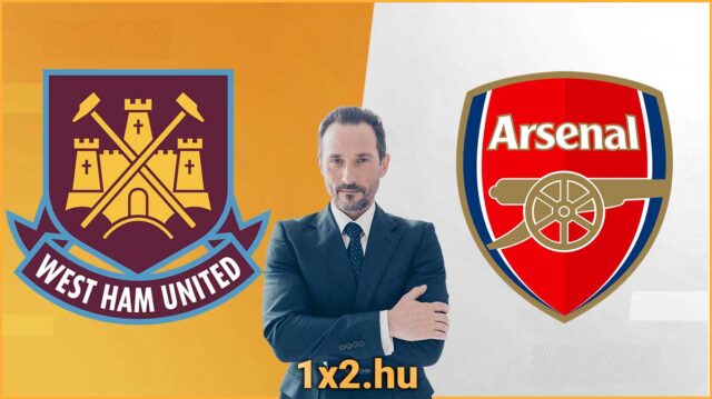 A kép közepén egy elegáns öltönyös férfi, két oldalán a West Ham United és az Arsenal logója. Az alatta lévő szöveg: 1x2.hu. Kulcsszavak: Tippmix tippek, sportfogadás tippek, ingyenes Tippmix tippek,
