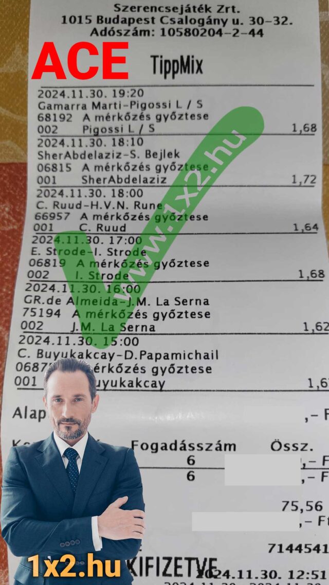 Sportfogadási szelvény Tippmix tippekkel, amely a 1x2.hu weboldalt hirdeti. A kép alján egy öltönyös férfi látható, aki a sportfogadás szakértőjének tűnik. Kulcsszavak: Tippmix tippek, sportfogadás