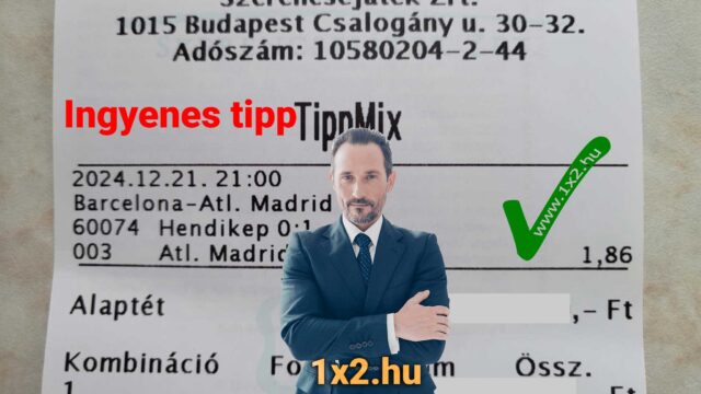 Egy Tippmix szelvény látható, amelyen sportfogadás tippek vannak Barcelonára és Atl. Madridra vonatkozóan. Egy elegáns férfi áll előtte, kezében holddal. Az ingyenes Tippmix tippek felirat kiemelve van. SEO: Tippmix tip