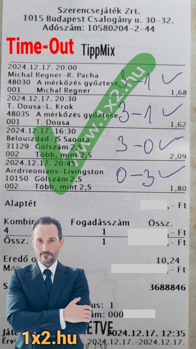 Tippmix szelvény válogatott fogadásokkal, 1x2.hu logóval és egy elegáns úrral az előtérben. Fedezd fel a profi Tippmix tippek és sportfogadás stratégiák világát! Ingyenes Tippmix tippek minden sportágra.