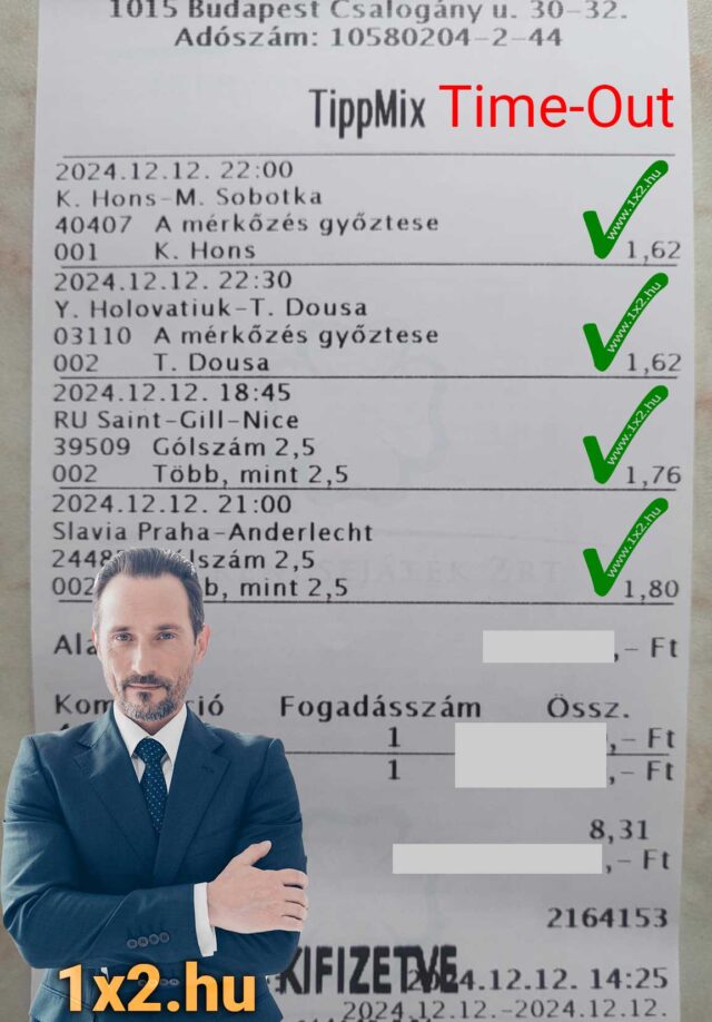 Egy Tippmix szelvény látható, melyen zöld pipák jelzik a helyes sportfogadás tippeket. A háttérben egy elegáns öltönyös férfi áll, az alsó sarokban pedig a 1x2.hu logója. Kulcsszavak: Tippmix