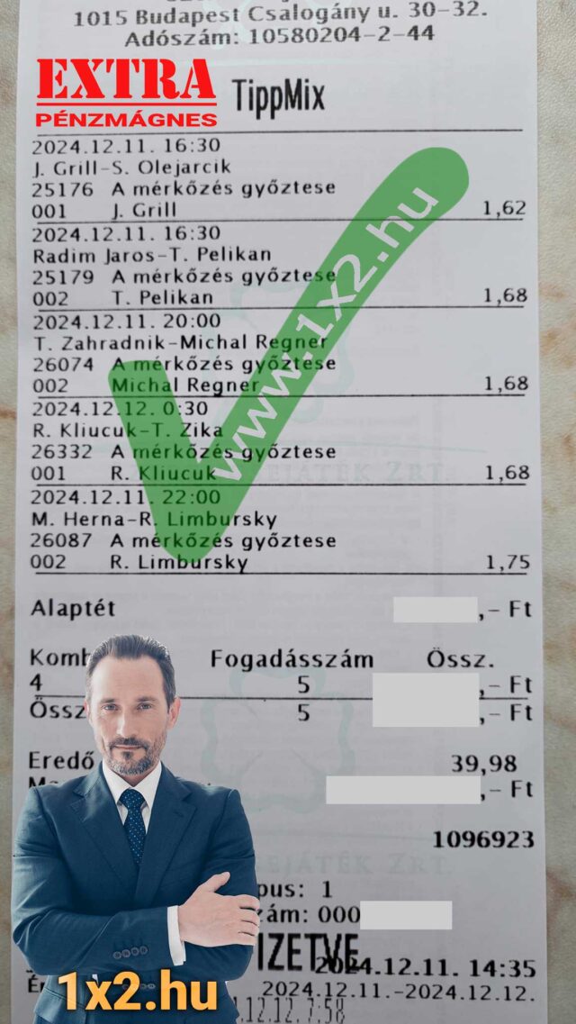 Tippmix szelvény részletei egy üzletemberrel a kép előterében. Az EXTRA PÉNZMÁGNES és 1x2.hu feliratok kiemelve. Kulcsszavak: Tippmix tippek, sportfogadás tippek, ingyenes Tippmix tip