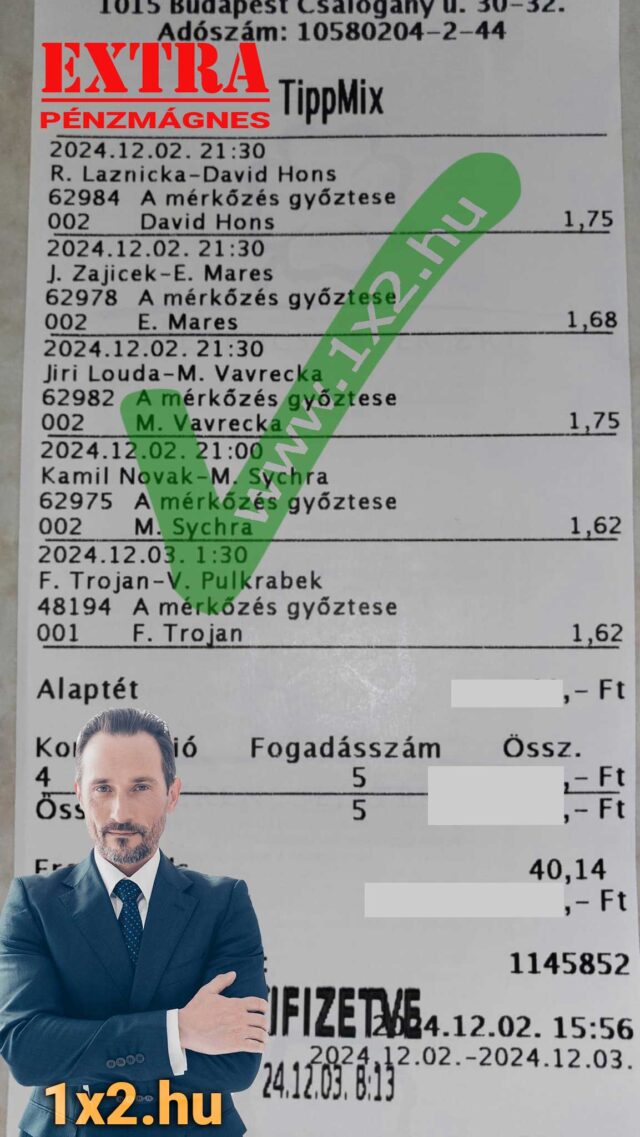 Sportfogadási szelvény Tippmix tippekkel. A háttérben különböző mérkőzések győztesei és szorzók láthatók. Az alsó sarokban egy elegáns férfi képe és a weboldal neve: 1x2.hu. Kulcsszavak