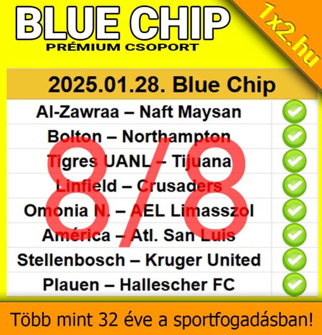 Tippmix tippek a Blue Chip Prémium csoporttól: 8/8 találatos eredmény. Sportfogadás tippek szakértőktől, több mint 32 éves tapasztalattal. Ingyenes Tippmix tippek és sportfogadás tanácsok a 1x2.hu old