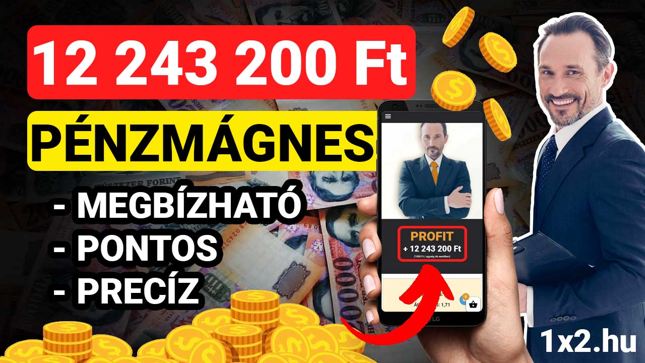 Férfi öltönyben egy mobiltelefonnal, nagy összeg, forint és érmék. Szöveg: Pénzmágnes, Megbízható, Pontos, Precíz. Tippmix tippek, sportfogadás tippek, ingyenes Tippmix tippek.