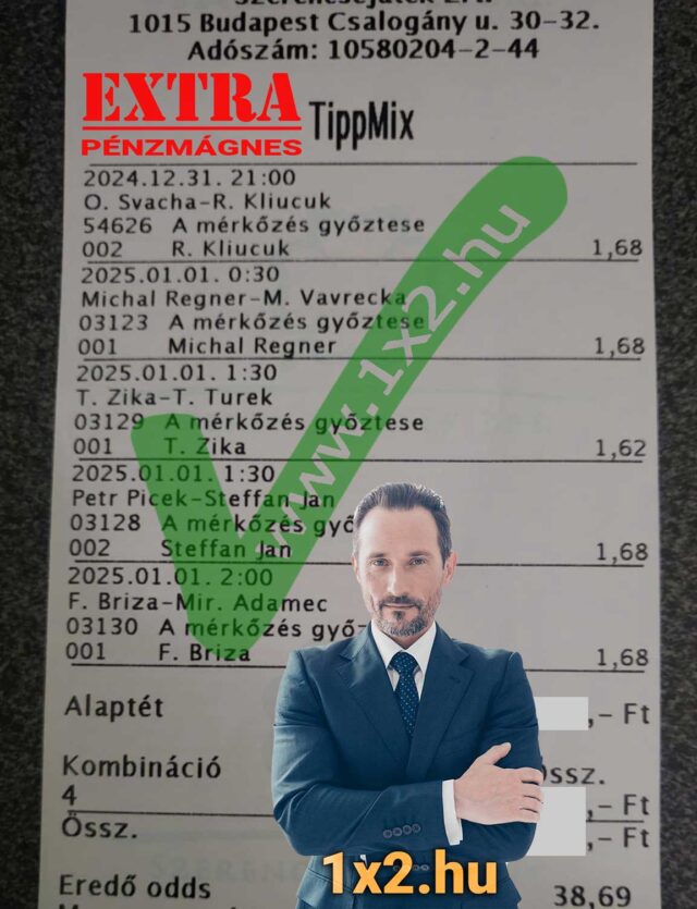 Férfi elegáns öltönyben egy Tippmix szelvény előtt. A képen extraként Pénzmágnes felirat, hangsúlyozva a sportfogadás tippeket. Ideális forrás ingyenes Tippmix tippek és sportfogadás stratégiák megismerésére