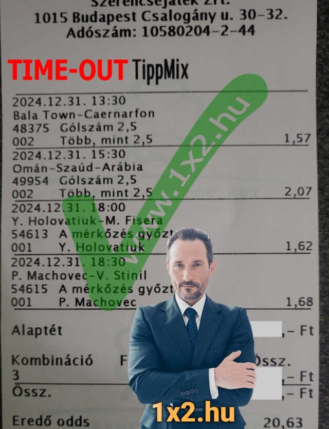 Férfi áll egy Tippmix szelvény előtt, amely különböző mérkőzések eredményeit mutatja. Az oldal neve 1x2.hu. Hasznos forrás Tippmix tippekhez, sportfogadás tippekhez, és ingyenes Tippmix tippek kapcsán.
