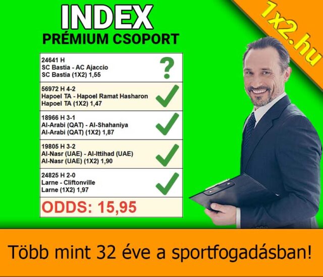 Zöld háttér előtt egy üzletember mosolyog, kezében dokumentumokat tartva. Az oldal Tippmix tippeket és sportfogadás szelvényeket kínál, az ODDS: 15,95. Felirat: Több mint 32 éve a sportfogadásban! Kulcsszav