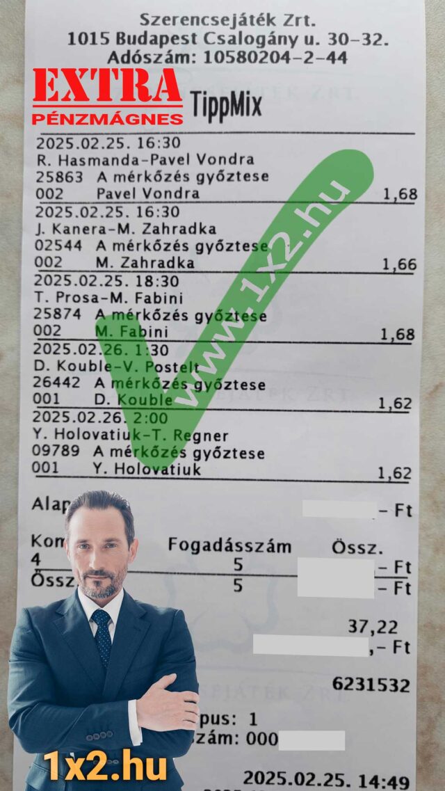 Fogadási szelvény Tippmix tippekkel; háttérben egy elegáns öltönyös férfi. A szövegben szerepel a 1x2.hu webcím. Kiemelés: sportfogadás tippek, ingyenes Tippmix tippek a jobb eredményekért.