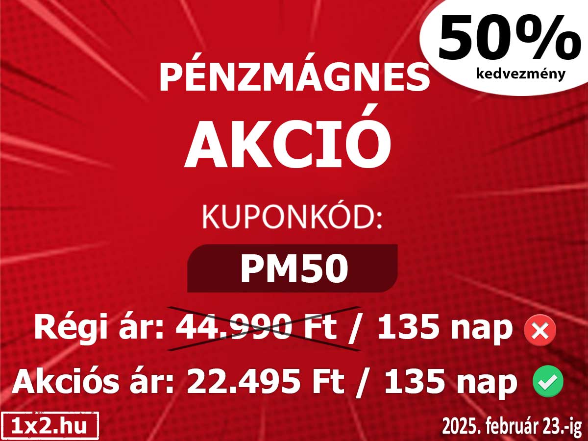 Pénzmágnes akció 50% kedvezménnyel a sportfogadás szerelmeseinek! Használd a PM50 kuponkódot a tippek beszerzéséhez. Akciós ár: 22.495 Ft/135 nap. Érvényes 2025. február 23