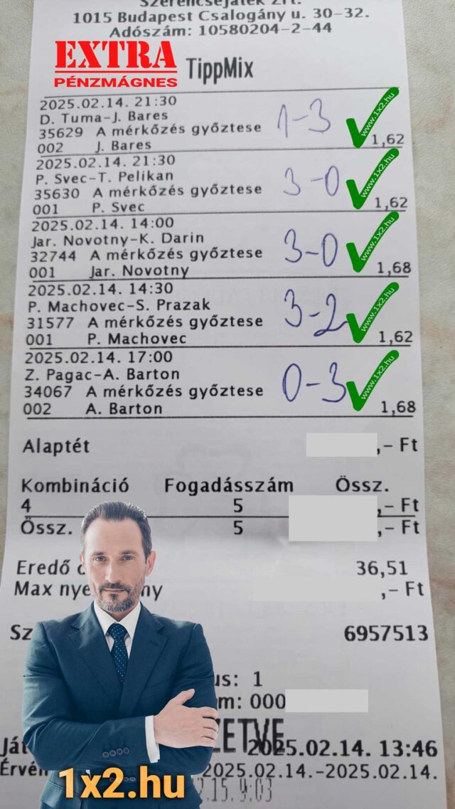 Tipmix szelvény eredményekkel, egy férfi áll az alsó részen. A szelvényen sportfogadás tippek találhatók, és az 1x2.hu oldal is hirdetve van. Ingyenes Tippmix tippek segíthetnek a sportfogadásban.